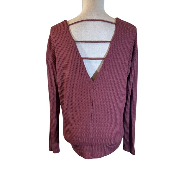 Express Dark Salmon Pink Waffle Knit Top Medium Cutout Strappy Back Long Sleeve - Picture 2 of 5